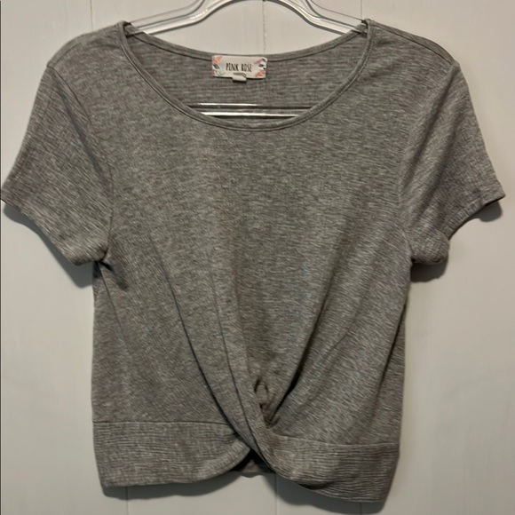 Pink Rose Gray Crop Tie Front T-Shirt - Picture 1 of 4